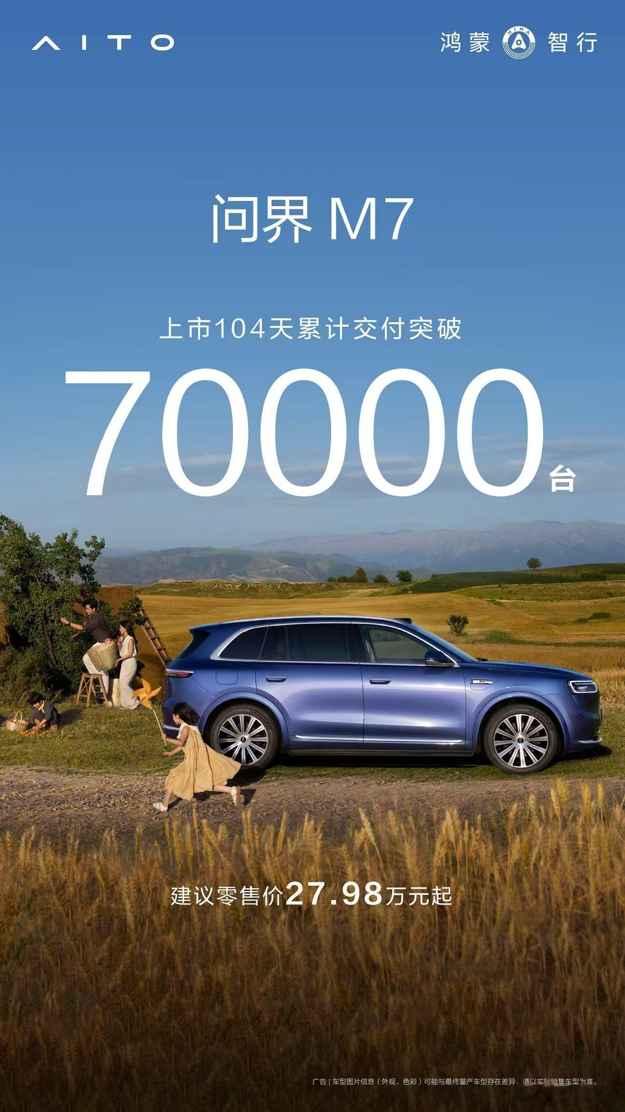 全新问界M7 上市仅104天，交付量已突破7万辆，不愧是大家心目中的“国民SUV