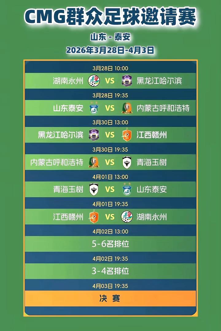 CMG群众足球邀请赛。
黑龙江哈尔滨、湖南永州、山东泰安、内蒙古呼和浩特、青海玉