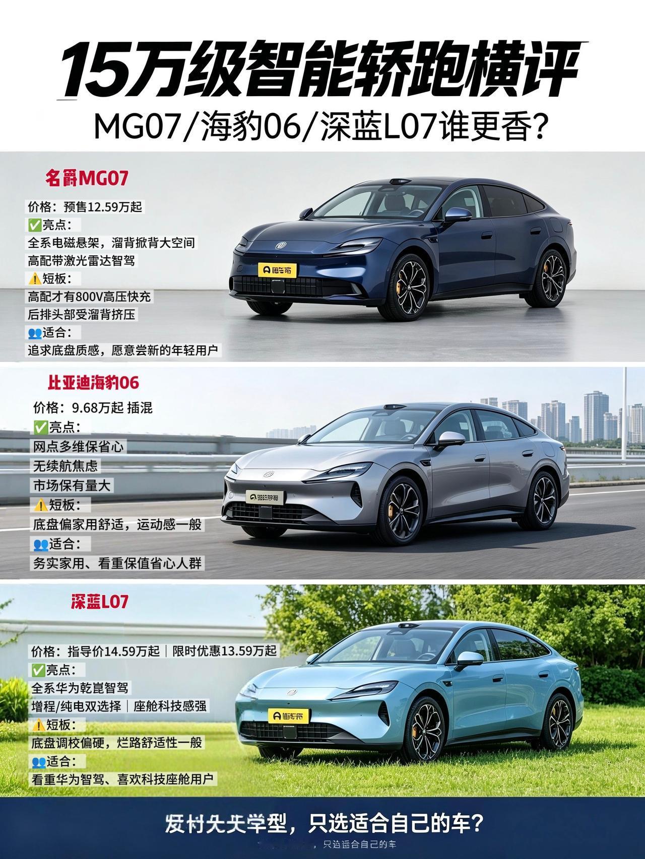 15万级智能轿跑来了！名爵MG07刚预热，跟比亚迪海豹06、深蓝L07比谁更香？