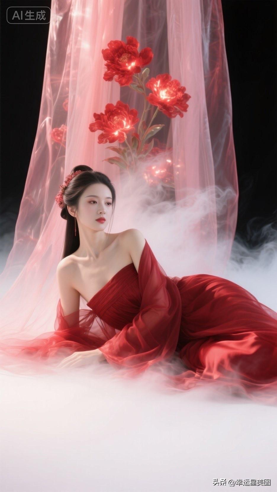 梦幻红衣少女，与盛开的红玫瑰共舞，如梦如幻。