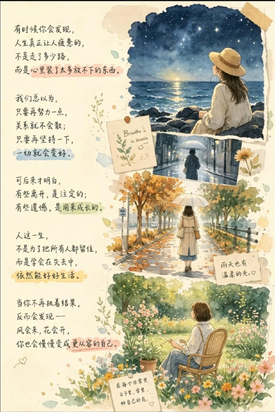 《当你不再执着，一切都顺了》
有时候你会发现，
人生真正让人疲惫的，
不是走了多
