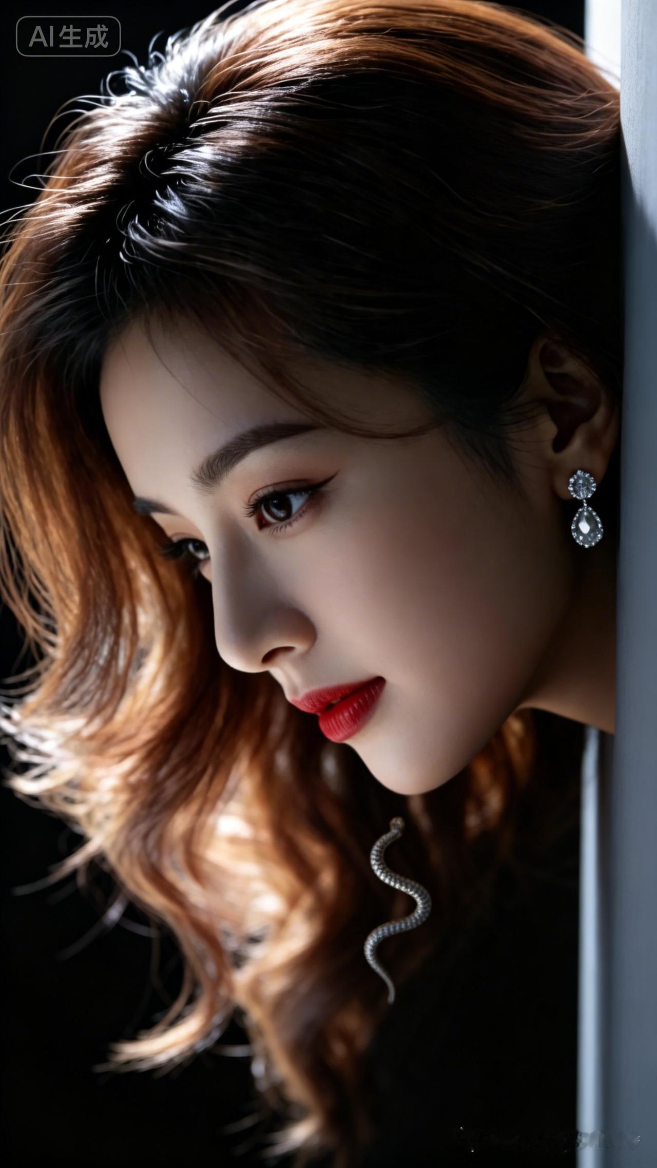 一个美女侧脸，长发飘逸。