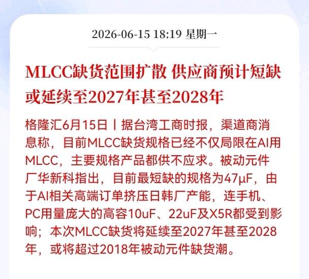 好消息！重大利好消息！
MLCC板块迎来重大利好消息！
MLCC缺货范围扩散，供
