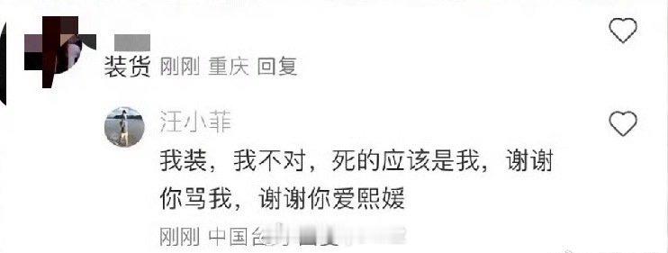 网友：装货汪小菲：我装我不对，死的应该是我。谢谢你骂我，谢谢你爱熙媛 