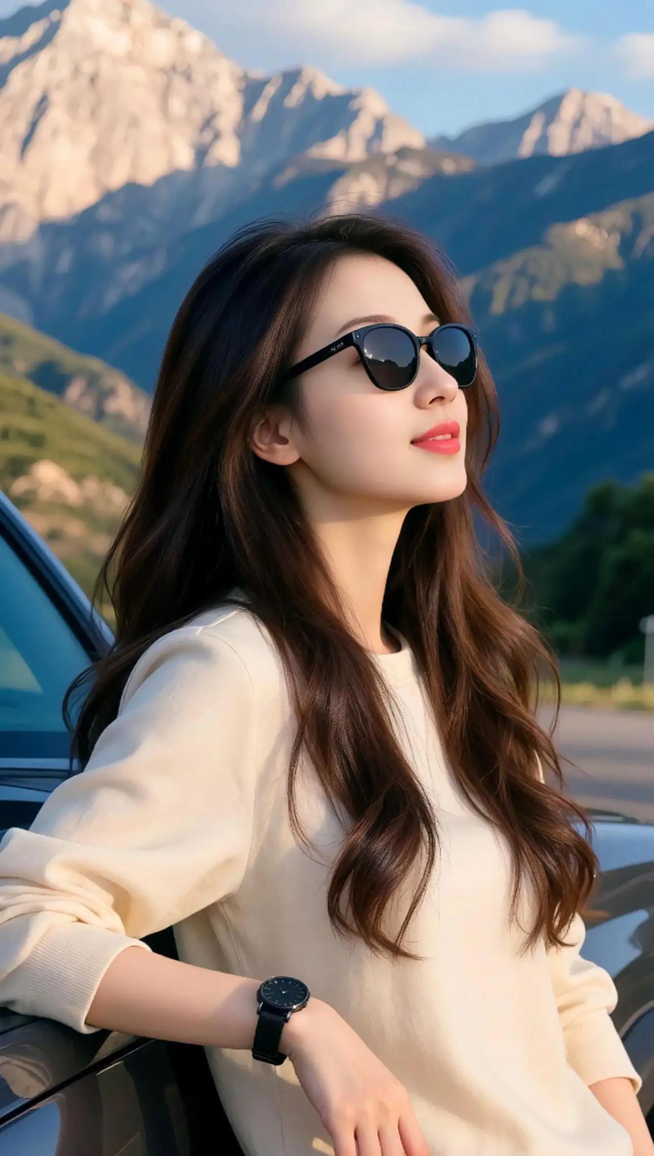 山野间，车旁，阳光下的时尚女孩🍀🌸🌴