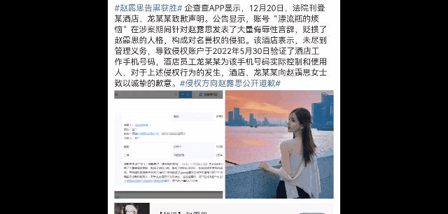 侵权方向赵露思公开道歉  给我狠狠的告，不要放过一个黑子，现在赵露思是钮枯禄赵。