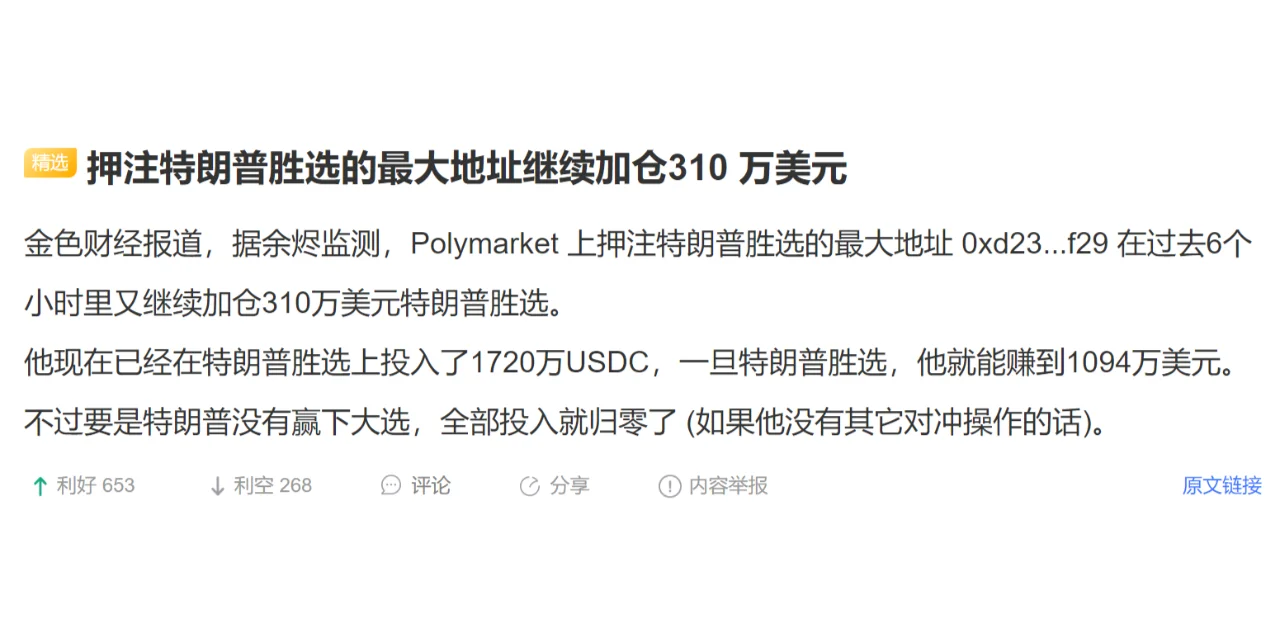 押注特朗普胜选的最大地址继续加仓310 万美元