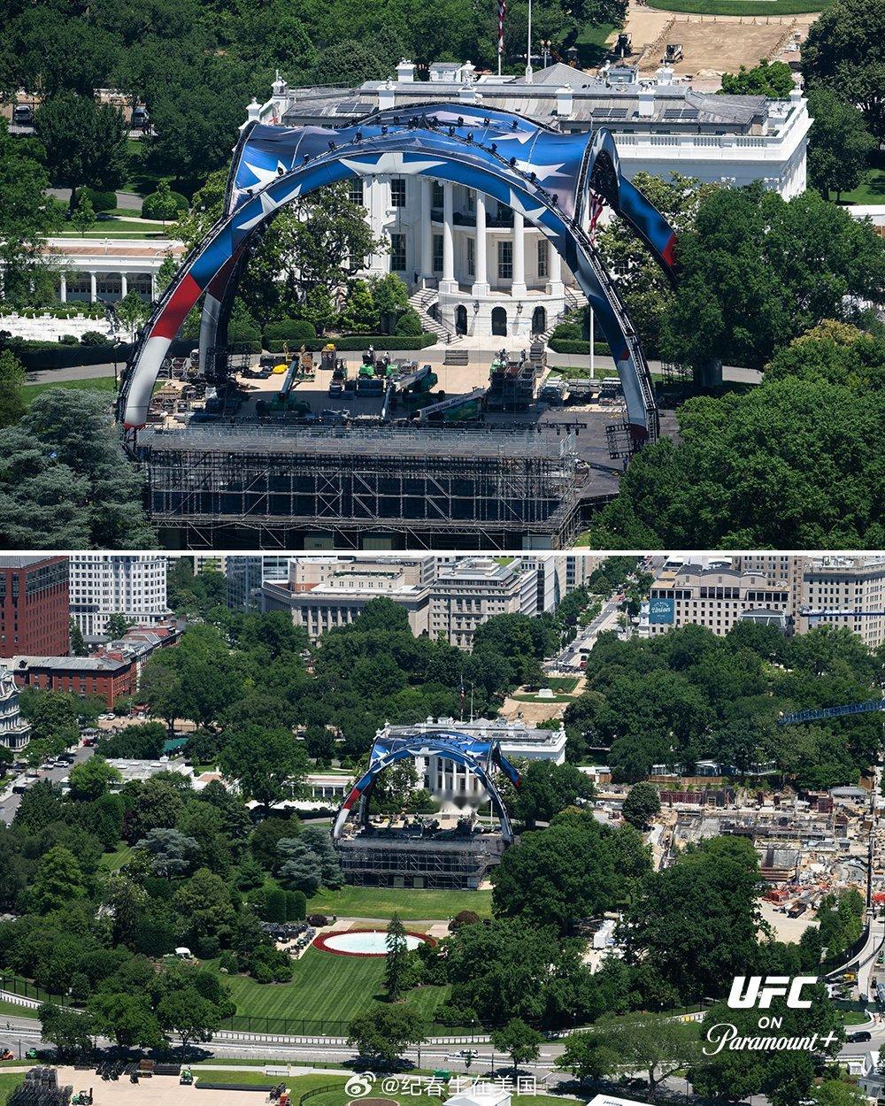 UFC白宫场地搭建状态。ufc美国建国250周年