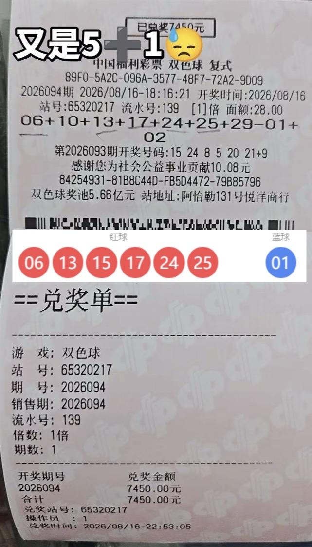 一号之差倍感遗憾！复式票拿下5+1，与头奖失之交臂。双色球26094期开奖，一张