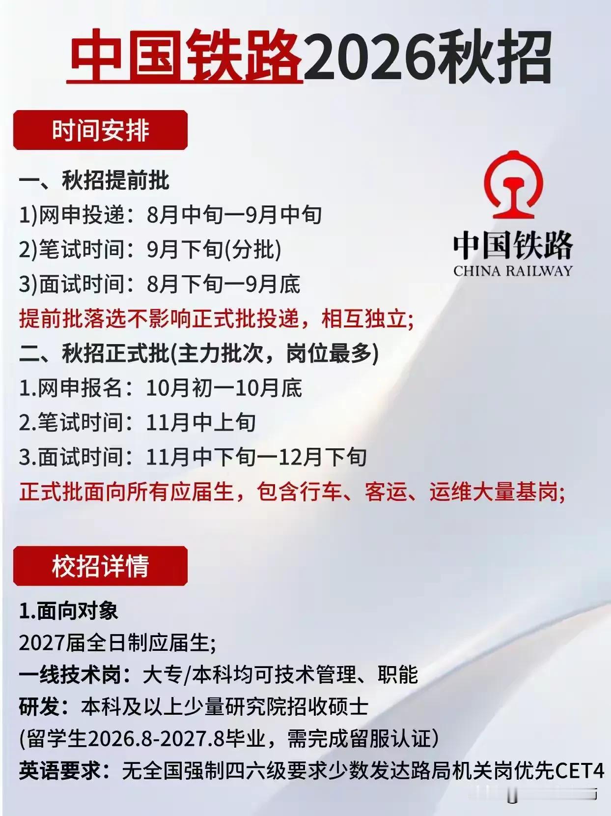 同学们，中国铁路2026届校园招聘已经启动，这是国企里稳定性强、平台大的优质选择