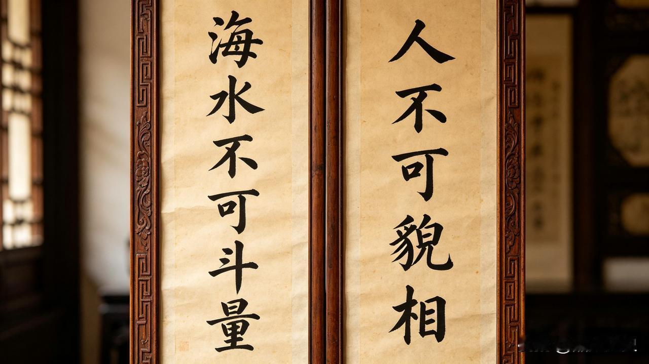 上联：人不可貌相
下联：海水不可斗量
 
这是民间流传最广、对仗最工整的原配下联