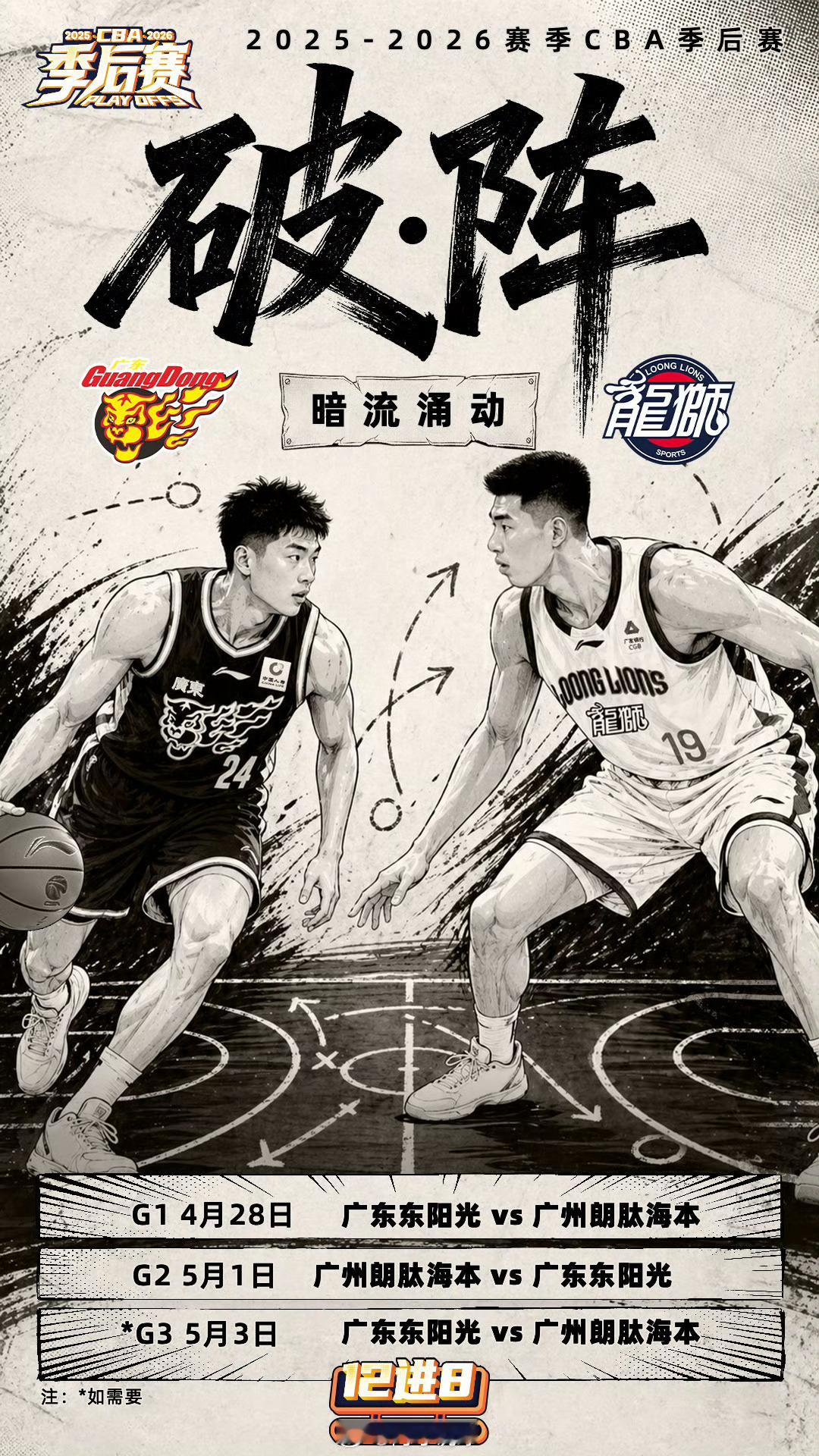 CBA季后赛12进8，今晚开战！今晚率先出战的是广东男篮vs广州男篮，山东男篮v