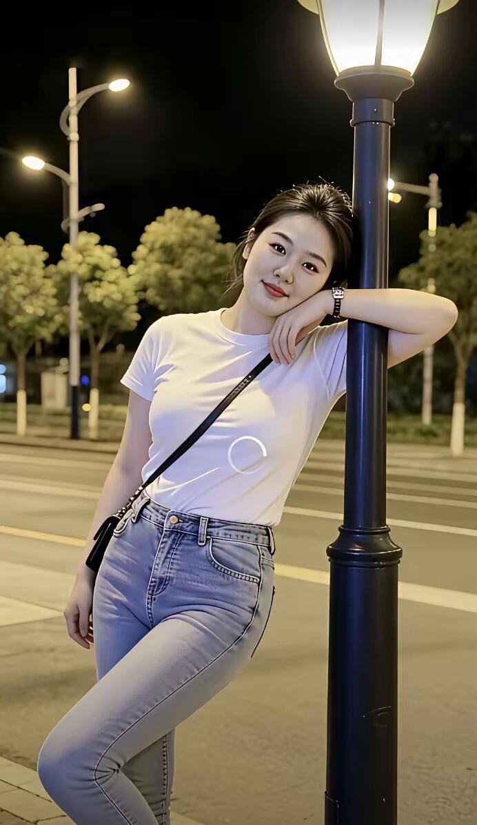 夜晚街头的少女，倚靠路灯，微笑如月。