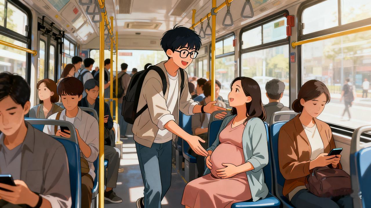 早高峰的公交像装满沙丁鱼的罐头，推搡拥挤是常态，但只要看到孕妇，我一定会主动起身