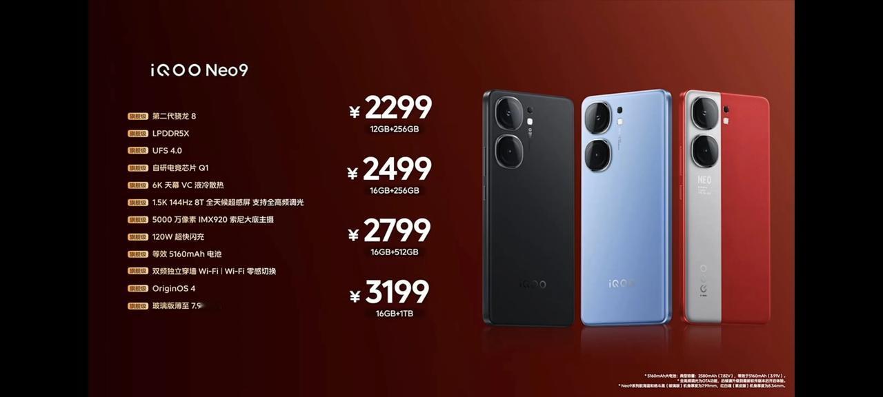IQOO Neo9系列正式发布，2299元起，各版本价格如下：
iQOO Neo