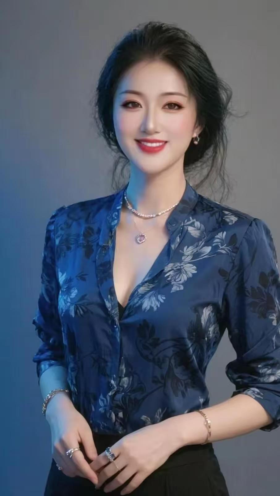 深蓝花影衬佳人，笑靥如花珠宝闪，优雅从容赢尽目光，气质满分就是美。