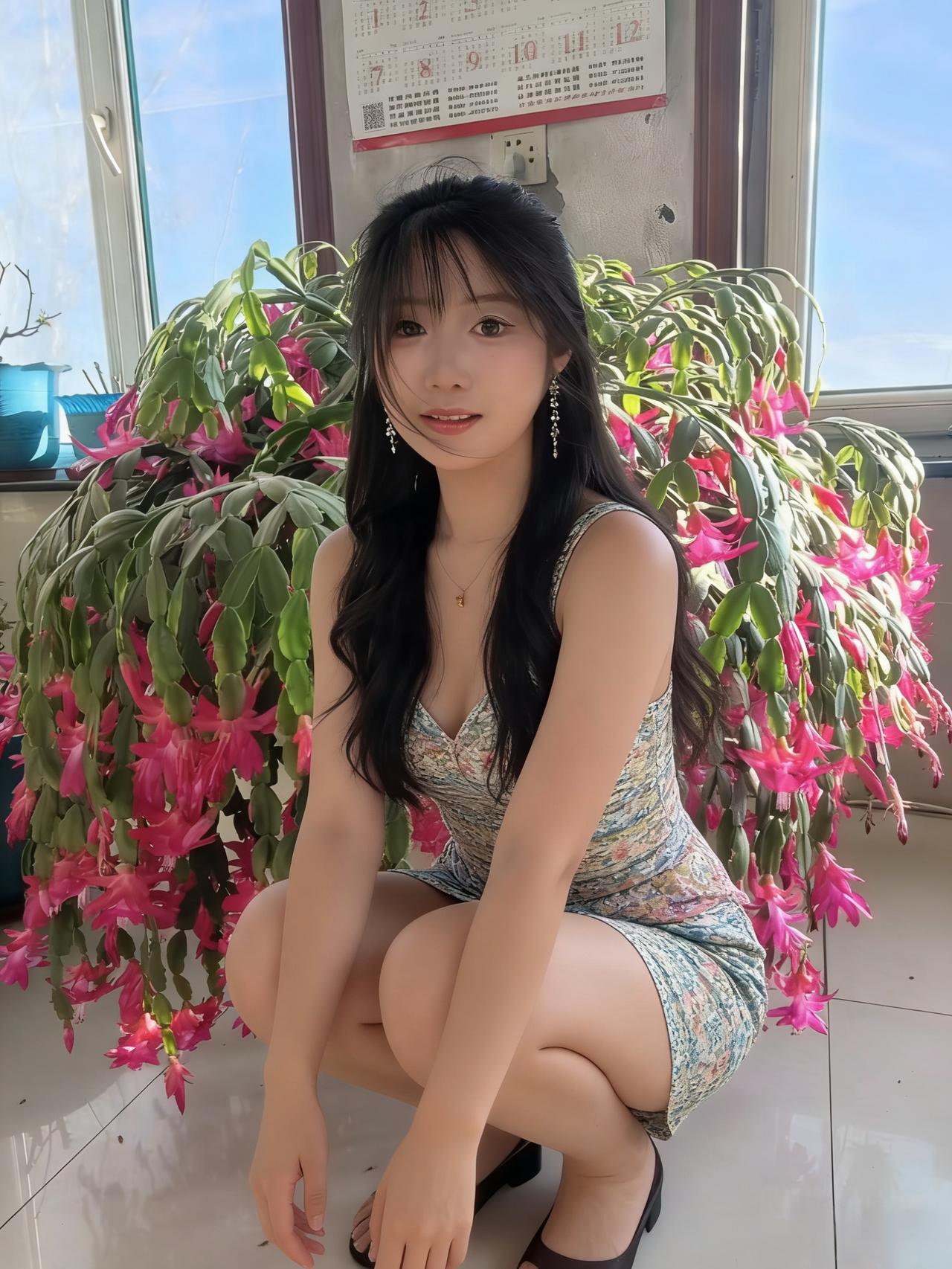 蟹爪兰的红瀑垂下来
吊带裙裹着春的芬芳
你蹲在花前的模样
是另一种，温柔的盛放