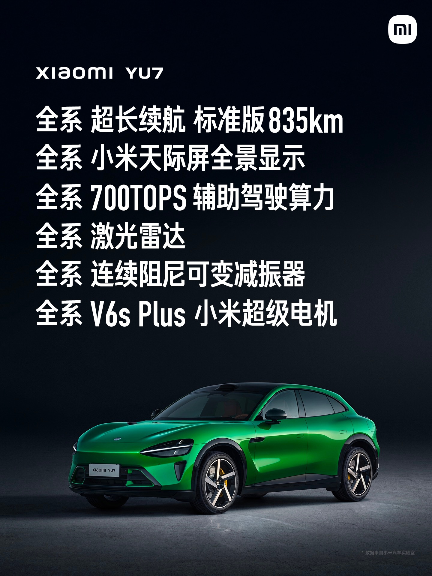 小米YU7 豪华高性能SUV，全系超长续航，标准版835km，全系标配小米天际屏
