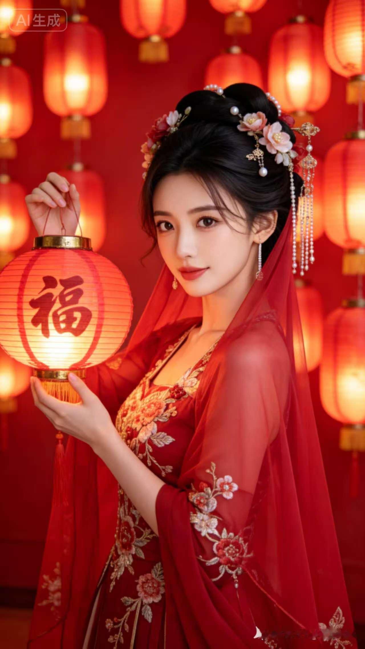 🌟红衣美人与福字灯笼，传统与现代的完美融合！🌟