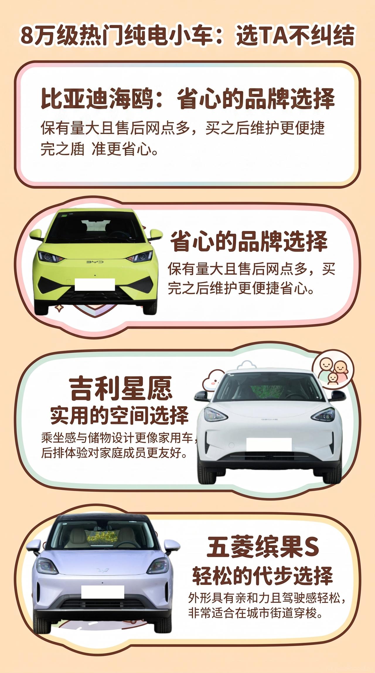 手握8万看纯电小车，海鸥、星愿、缤果S都热门，让人纠结的不是谁配置多，而是空间和