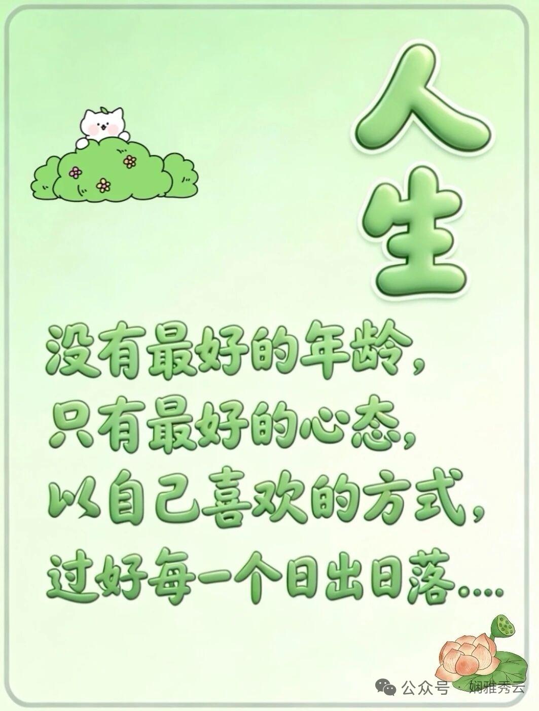 今天读到的金句分享今日读到的金句：人生没有最好的年龄，只有最好的心态，以自己喜欢