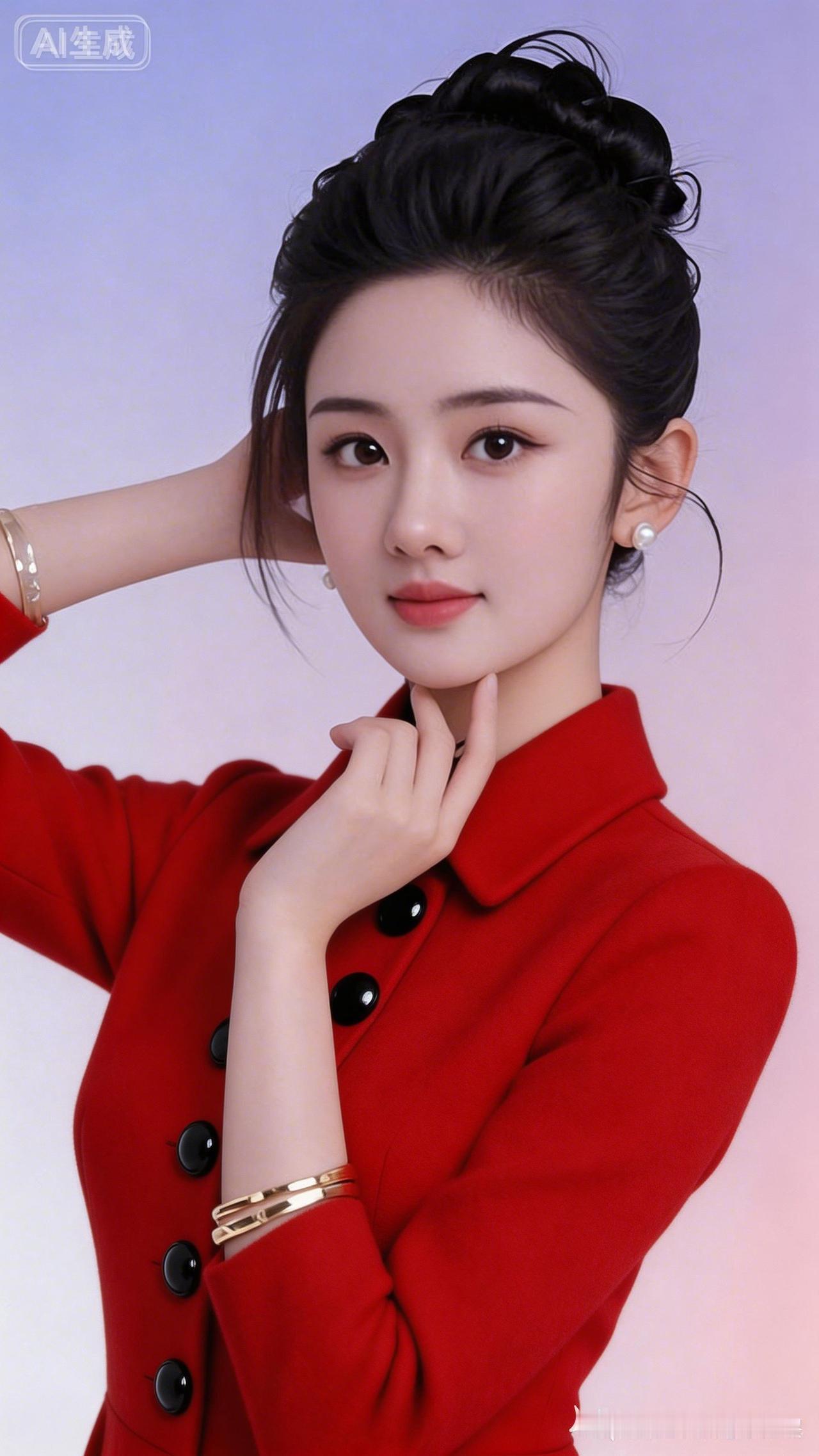 中国现代美女，栗棕色长微卷发弧度自然，冷白皮白皙透亮、红润光泽，面部轮廓立体。身