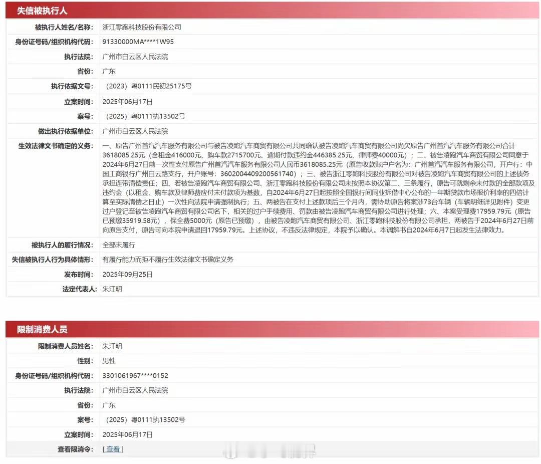 零跑汽车被列为失信被执行人创始人被限制高消费，零跑汽车刚庆祝第100万辆车下线，