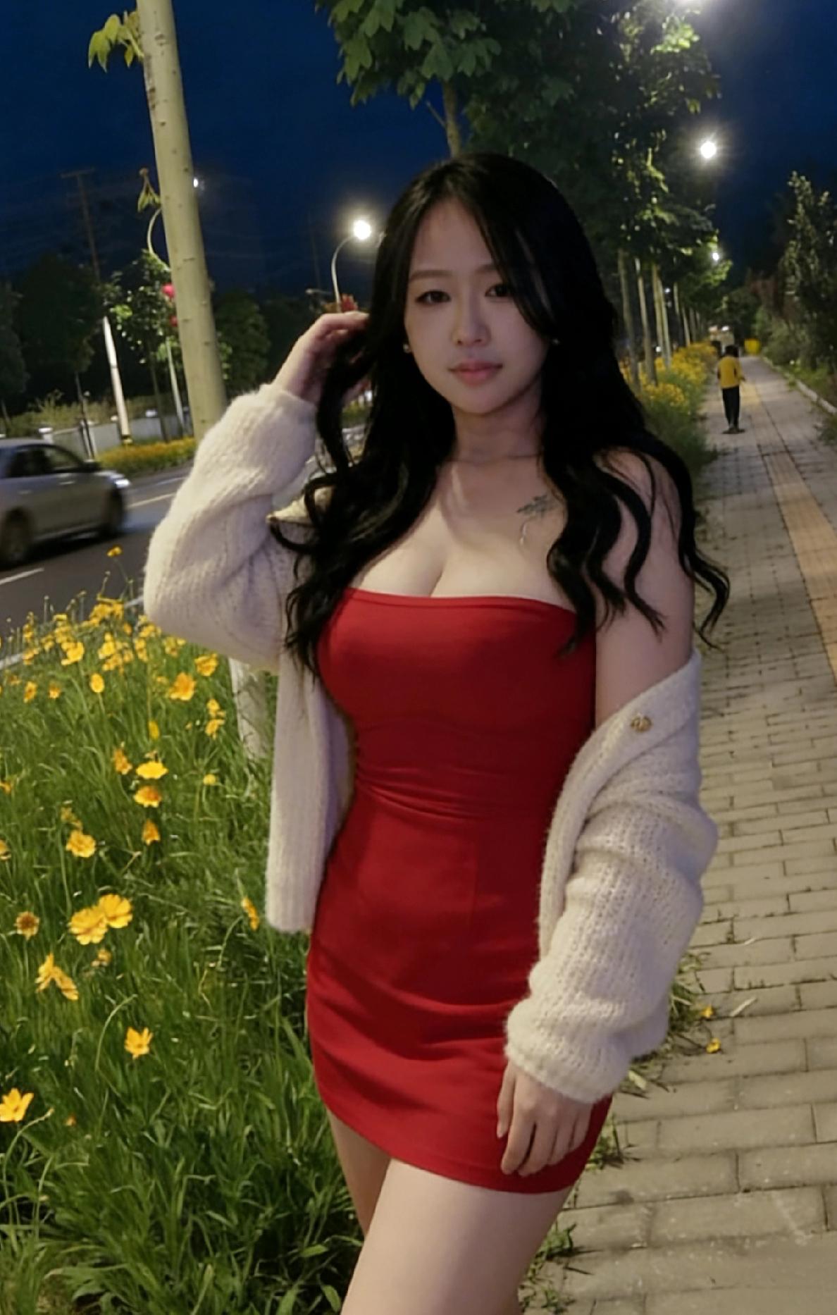 白衣红裙立街旁，夜色如花拂鬓香。
莫道独行无胜景，一身明媚压星光。