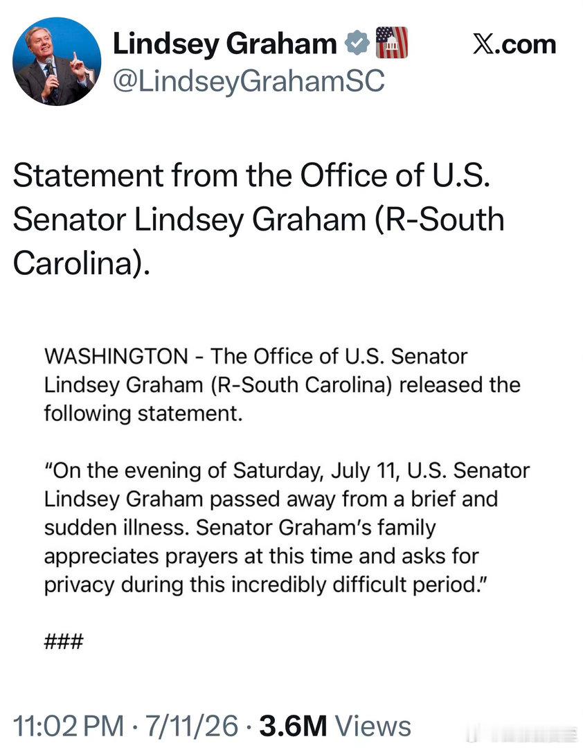 南卡参议员Graham周六晚间突然因病去世，享年七十一岁他的办公室没有公布更多信