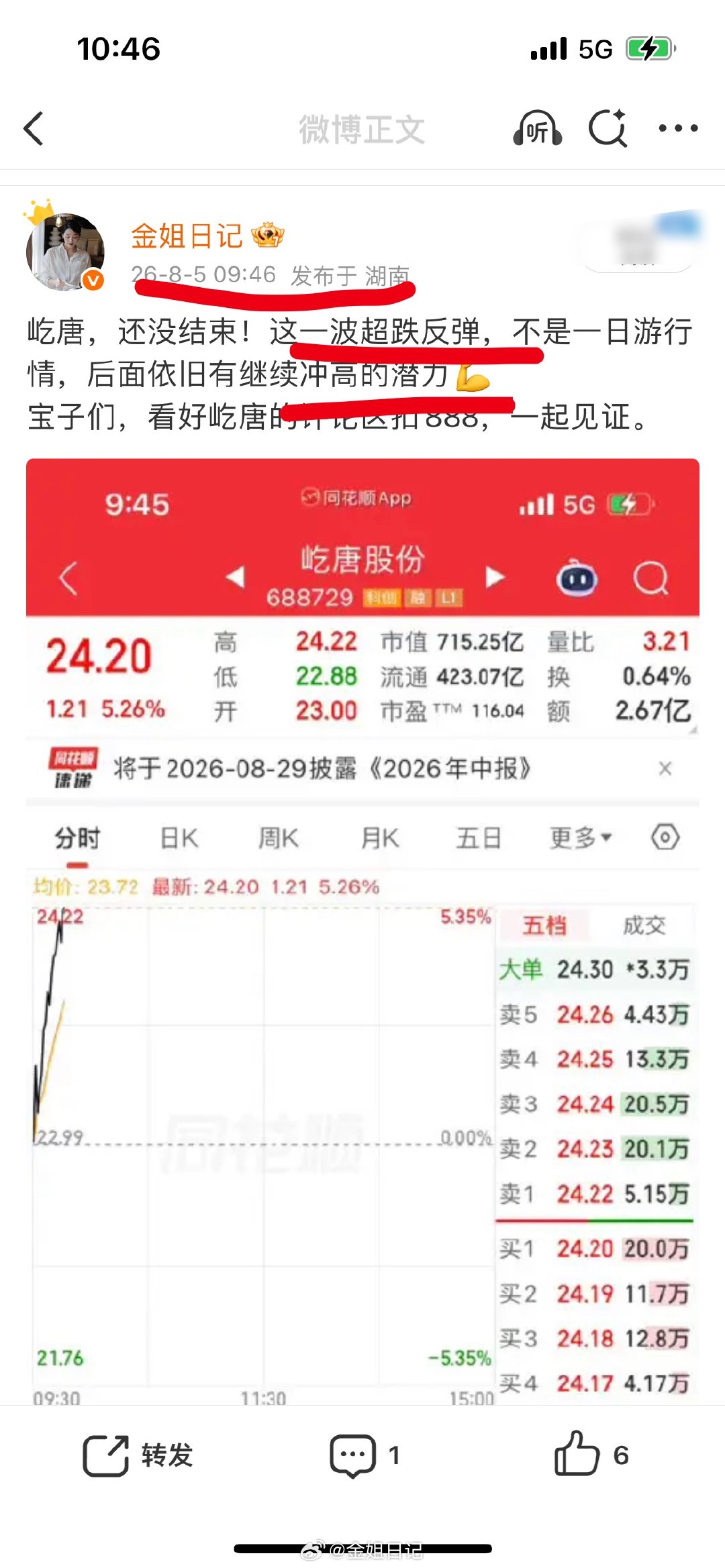 屹唐、金姐说了不是一日游行情，有冲山顶的潜力，老铁们，我手上这两只的情况大家有目