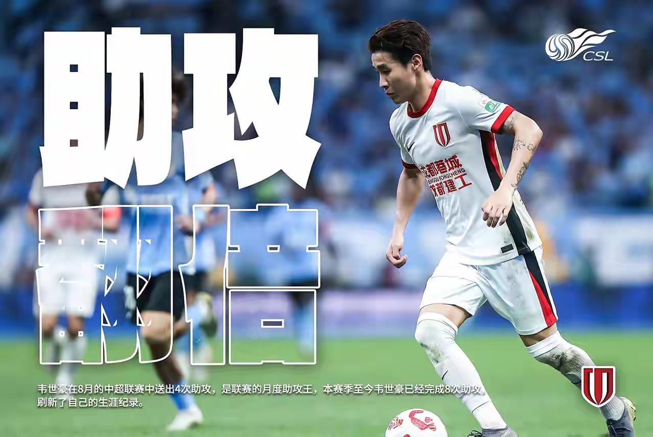中超联赛官号给韦世豪做了一个专题：助攻翻倍！说他8月份4次、赛季8次助攻，创下职
