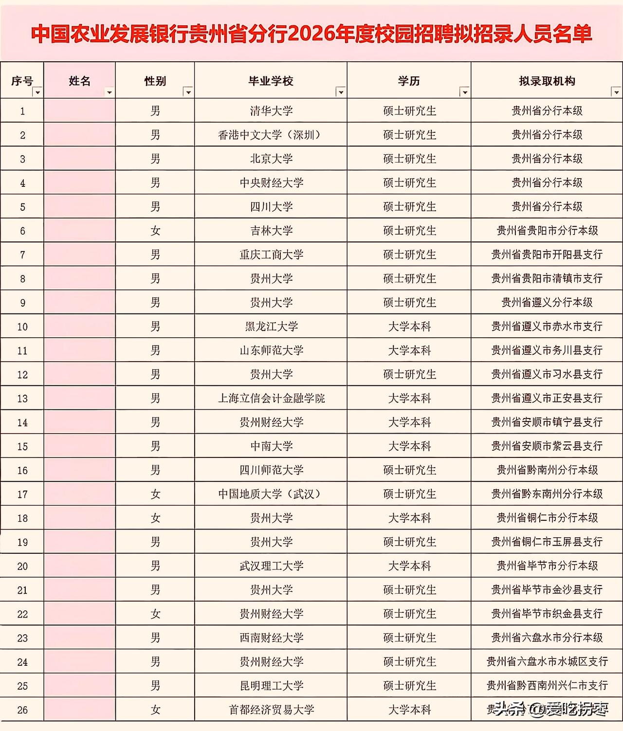 2026年中国农业发展银行贵州分行校招录用人员，清北领衔，贵州大学成大赢家！贵州