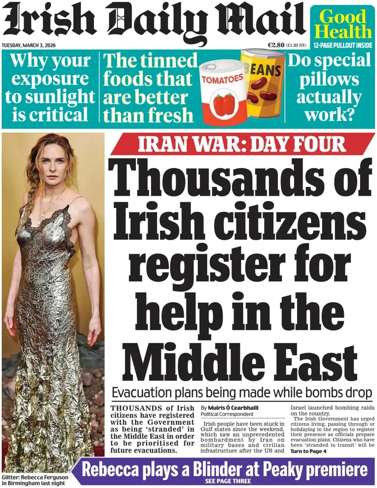 《爱尔兰每日邮报》头版报道称，数千名爱尔兰登记公民寻求中东地区的援助， 炸弹落下