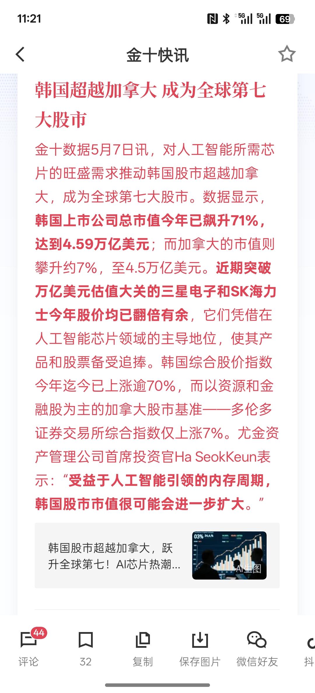 韩国超越加拿大 成为全球第七大股市，韩国股市最近大幅上涨，而且是持续创历史新高！