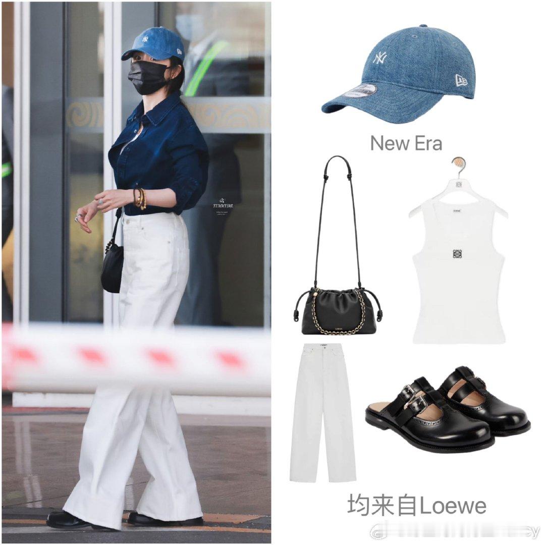 杨幂昨日机场私服解析，蓝色衬衫掖进白色高腰阔腿牛仔裤，既显高又显瘦！ ​​​