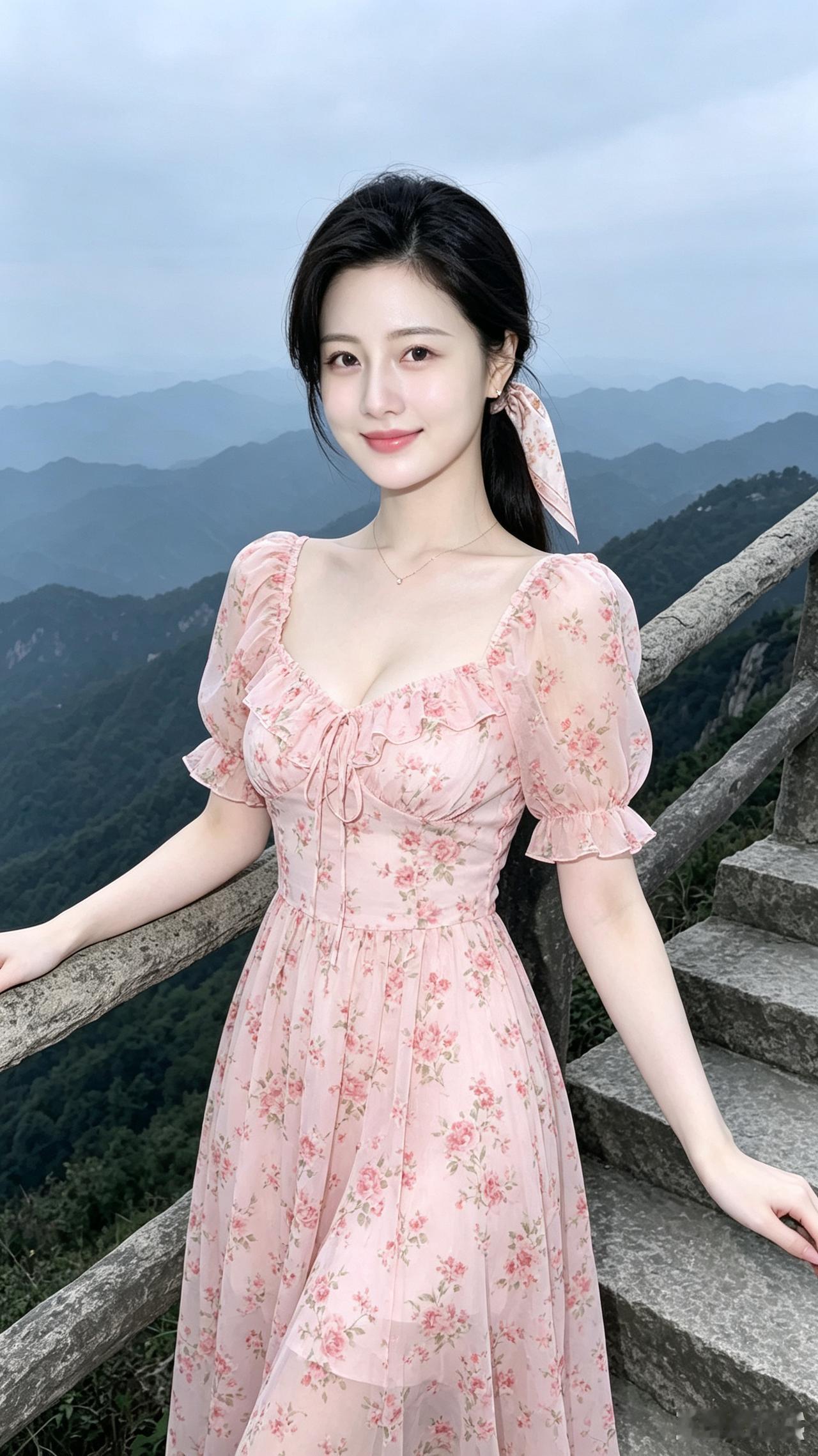 穿粉色裙子的女孩在山间拍照。