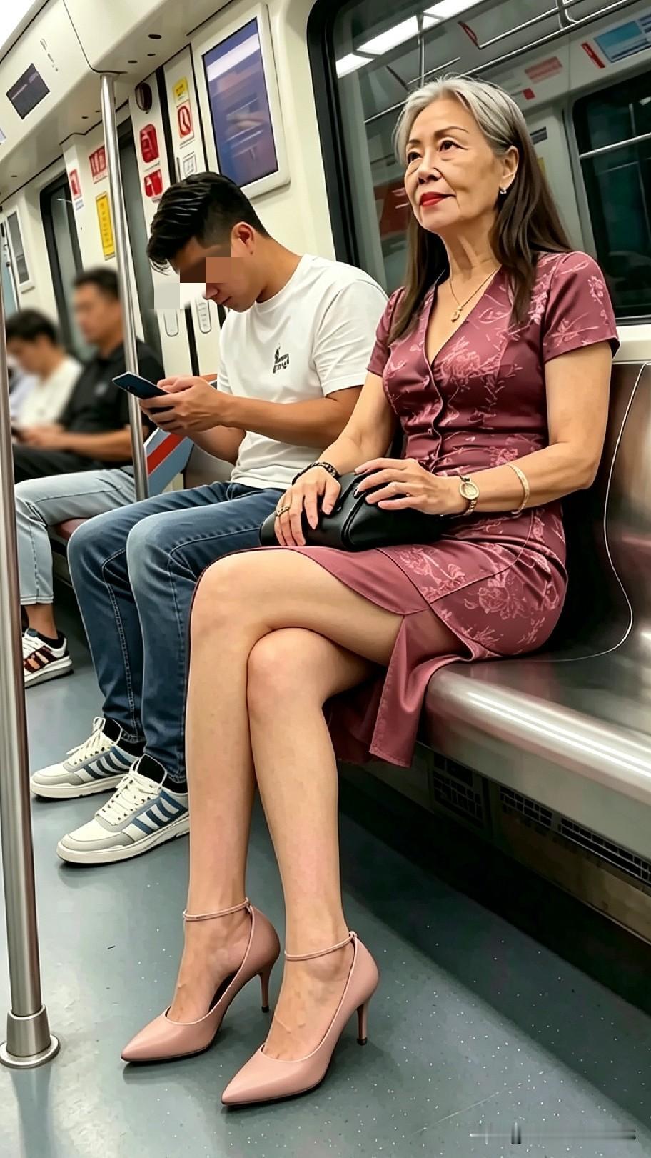 乍一眼看过去，我还以为是哪位时尚博主在坐地铁呢。定睛一瞧，不禁感叹：这奶奶也太会