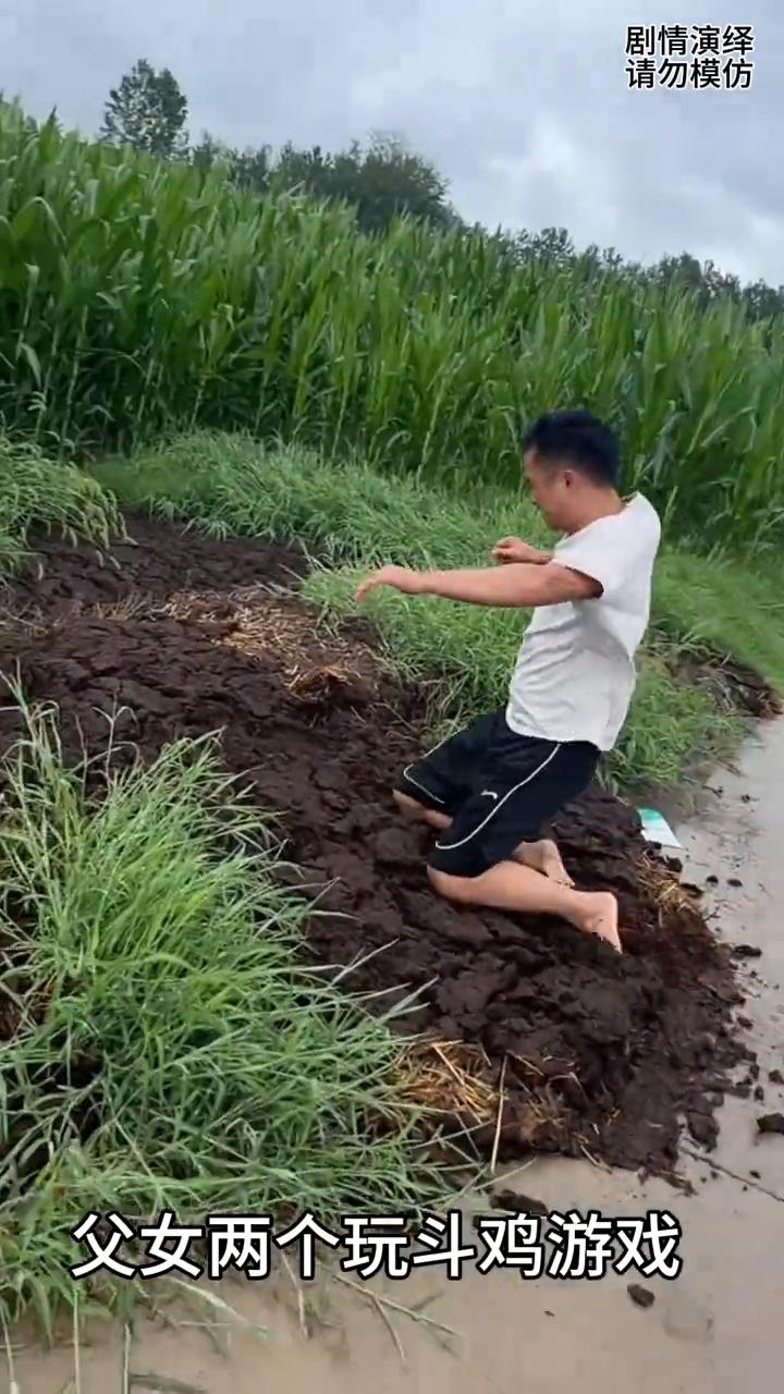 父女两个玩斗鸡游戏，下一秒爸爸被女儿坑到牛粪上了。
父女两个玩斗鸡游戏，谁知女儿