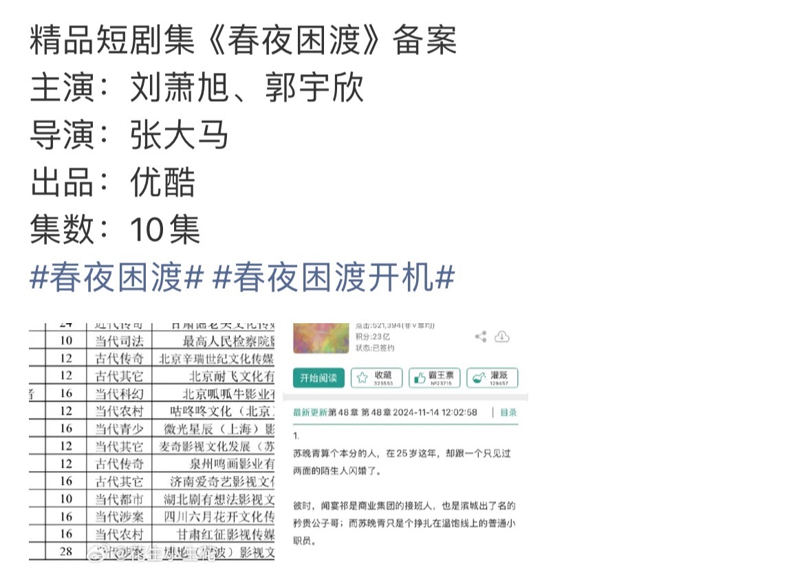 《春夜困渡》备案了郭宇欣、刘萧旭二搭出演看了下女主苏晚青人设，看似柔弱实则坚韧的