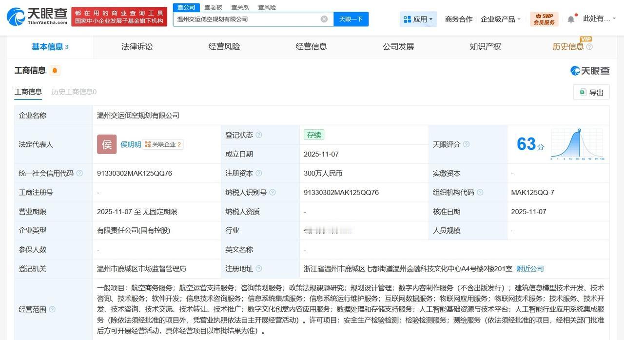 温州市交通运输集团等成立低空规划公司注册资本300万
天眼查工商信息显示，近日，