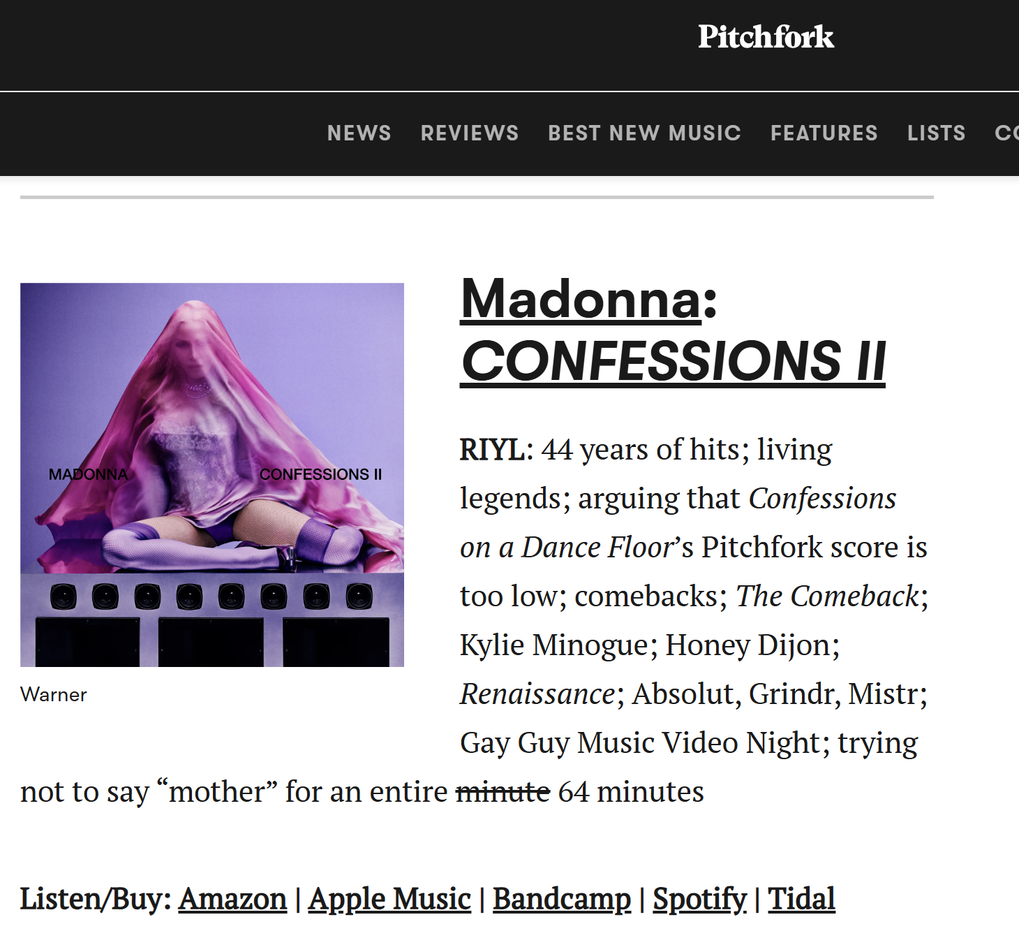 Pitchfork评选今年发行的最佳专辑，Madonna的Confessions