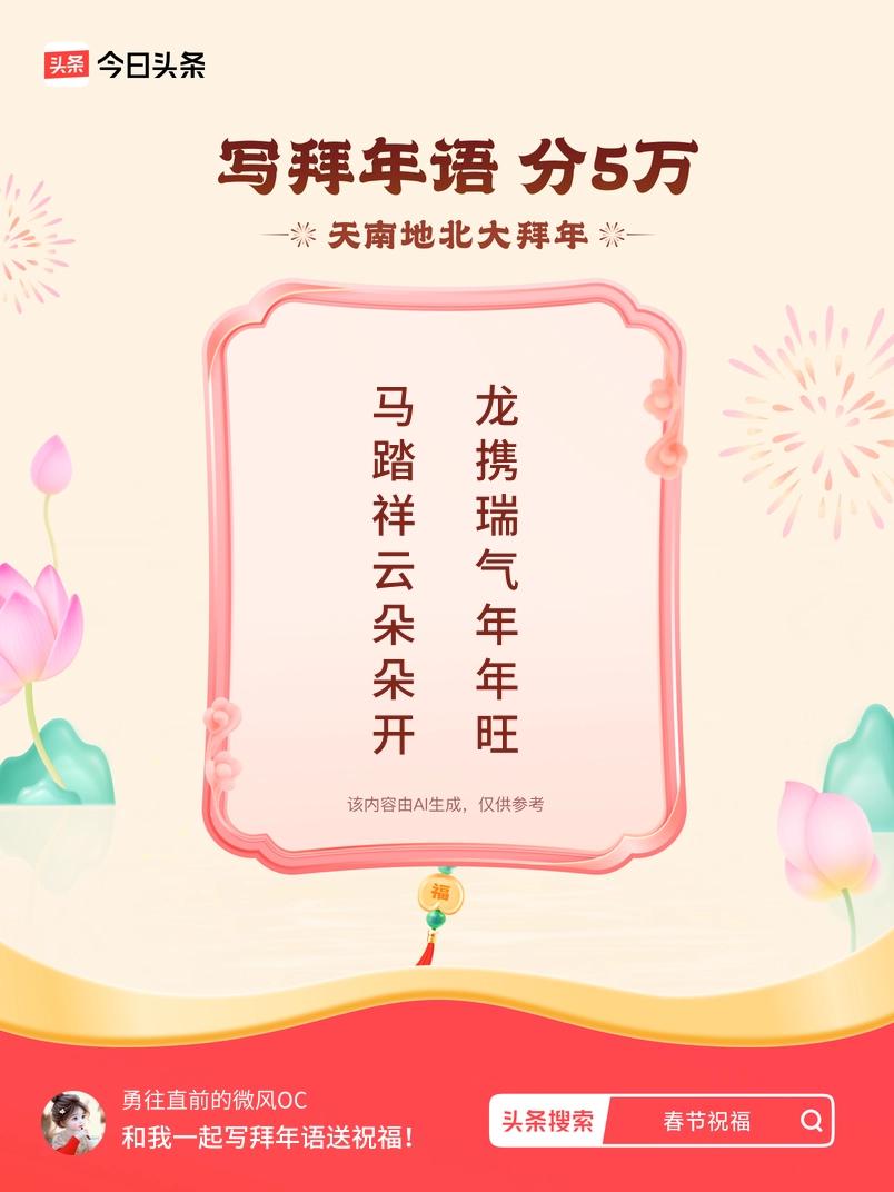 写拜年语送祝福新春拜年送祝福！我的祝福是：“马踏祥云朵朵开，龙携瑞气年年旺”！快