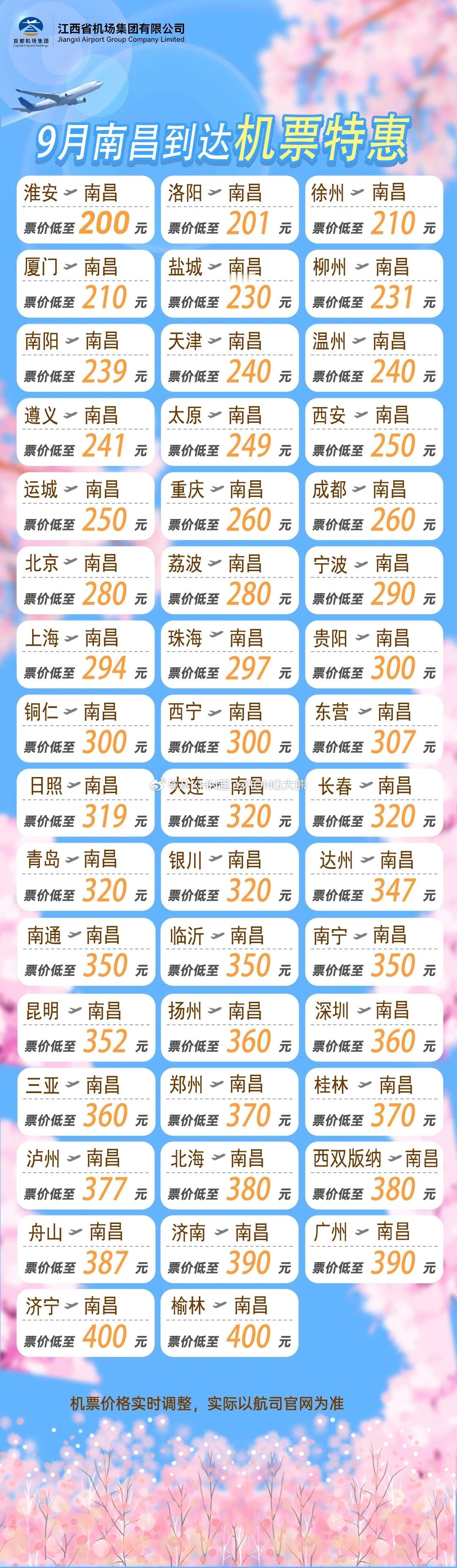 【英雄城交通•航空 | 最低200元！2026年9月南昌到达特价机票千万别错过】