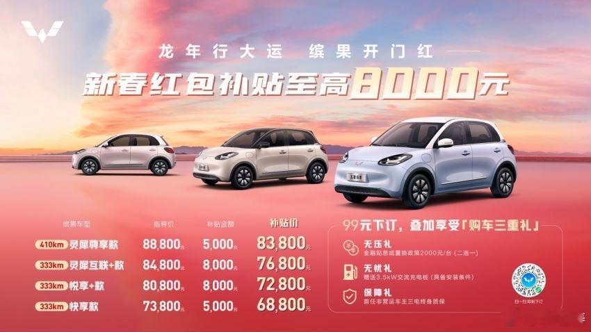 缤果开门红！刚一开工五菱就开始了龙年第一卷，给大家准备了新春红包！！现在购车补贴