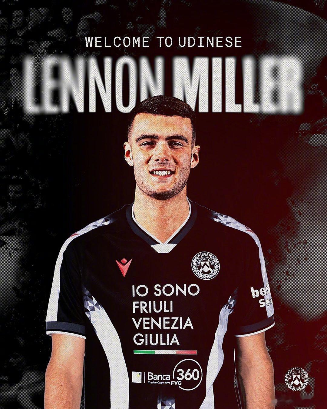 【官方】乌迪内斯签下18岁的马瑟韦尔中场伦农-米勒（Lennon Miller）