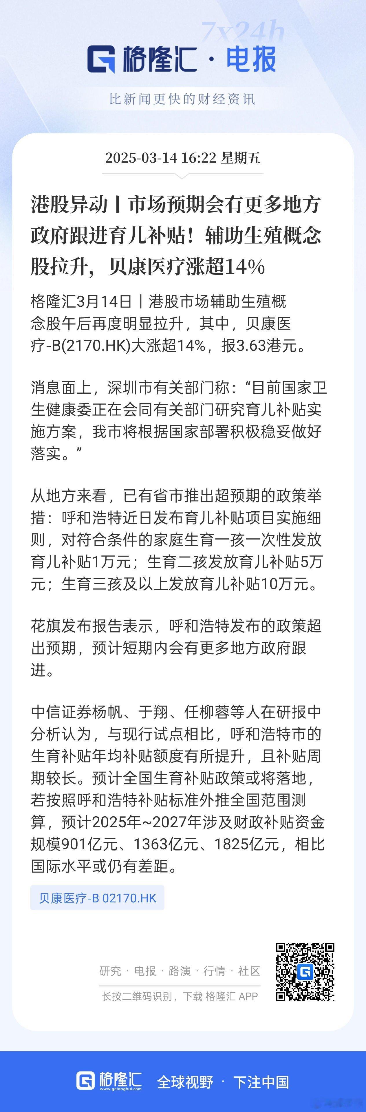 港股异动！市场预期会有更多地方政府跟进育儿补贴!辅助生殖概念股拉升，贝康医疗涨超