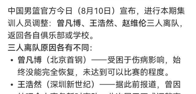 中国男篮今晚官宣：曾凡博、王浩然、赵维伦返回各自俱乐部/学校，退出本期男篮集训。