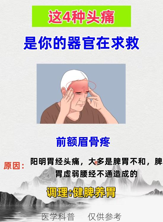 身体有这4种头痛，是你的器官在发出信号！
1.前额眉骨疼，2.耳后两侧胀痛，3.