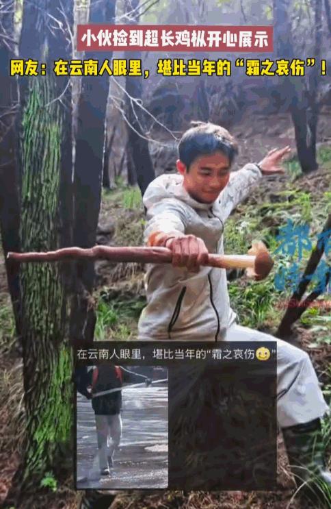 天降横财！重庆一位小伙上山溜达一圈，竟然捡到了一根快有他小臂长的“巨无霸”鸡枞！