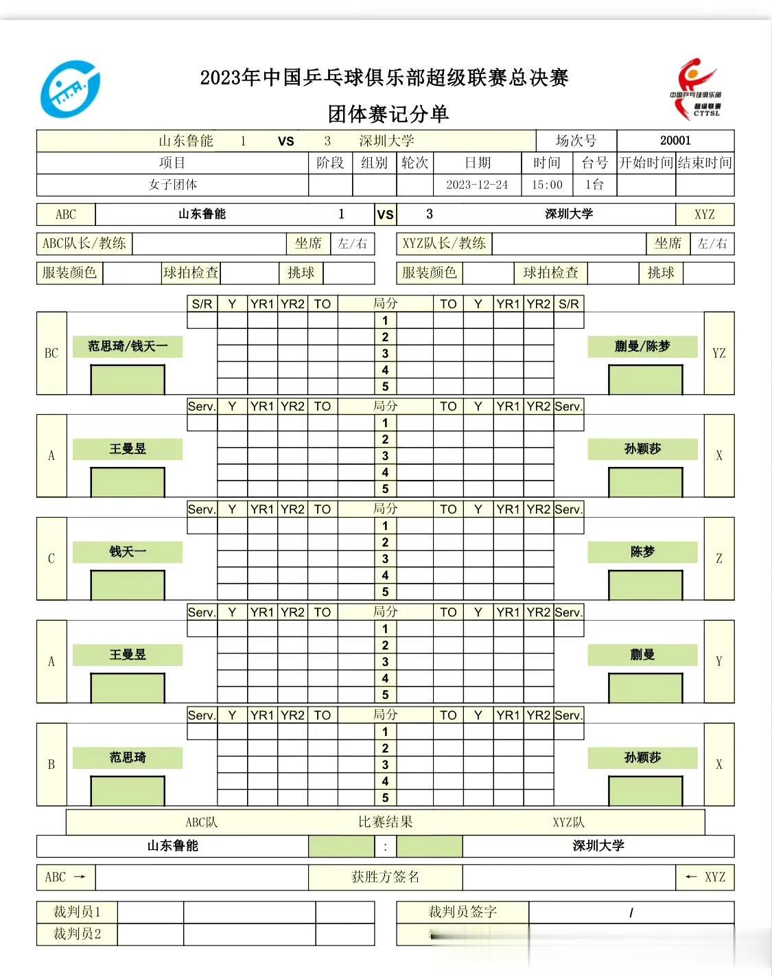 2023乒超联赛女团决赛
山东鲁能VS深圳大学
第一盘：钱天一/范思琦VS陈梦/